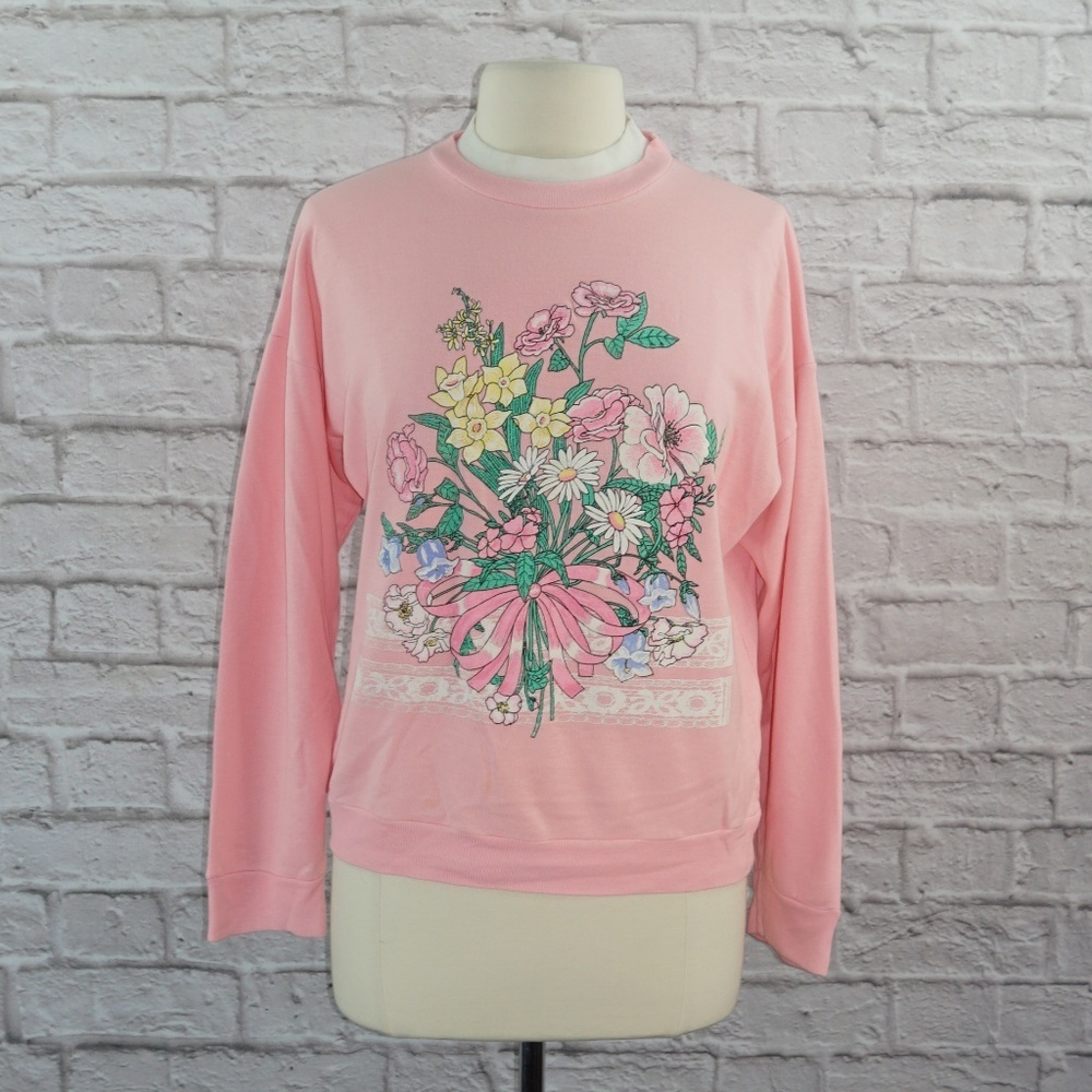 Vintage 80s Pink Floral Cottagecore Sweatshirt Large